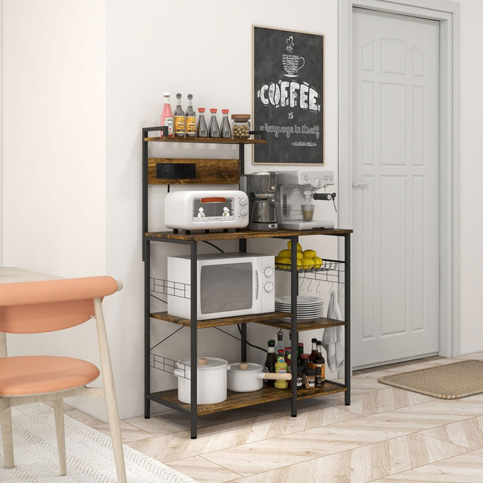 HOMCOM Kitchen Baker's Rack with Power Outlet, USB Charger, Microwave Stand, Coffee Bar with Wire Basket, Adjustable Shelf, 5 Hooks, Rustic Brown (LOCAL PICKUP ONLY)
