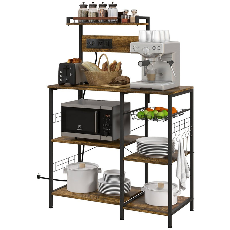 HOMCOM Kitchen Baker's Rack with Power Outlet, USB Charger, Microwave Stand, Coffee Bar with Wire Basket, Adjustable Shelf, 5 Hooks, Rustic Brown (LOCAL PICKUP ONLY)