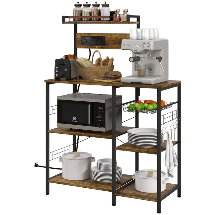 HOMCOM Kitchen Baker's Rack with Power Outlet, USB Charger, Microwave Stand, Coffee Bar with Wire Basket, Adjustable Shelf, 5 Hooks, Rustic Brown (LOCAL PICKUP ONLY)