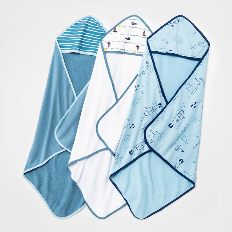 Baby 3pk Boys' Seaside Hooded Towel - Cloud Island Blue