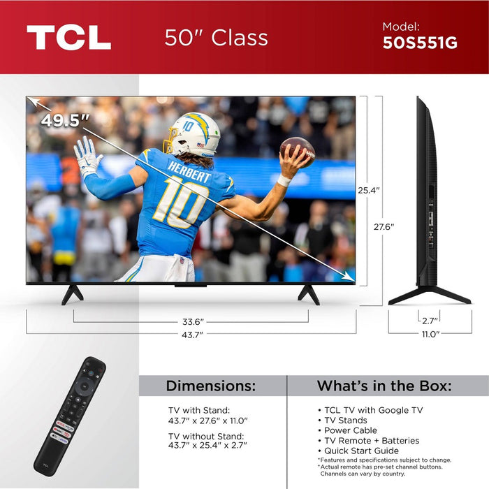 TCL 50" S Class 4K UHD HDR LED Google Smart TV - 50S551G (LOCAL PICKUP ONLY)