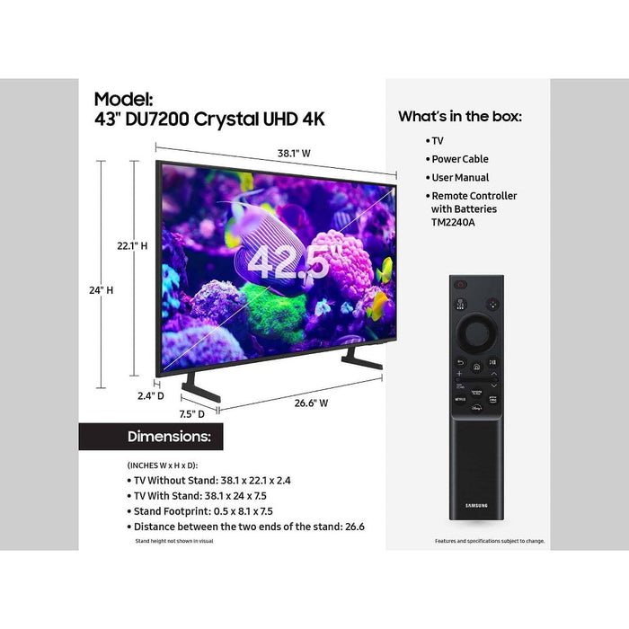 Samsung 43" Class DU7200 HDR Crystal UHD 4K Smart TV - Titan Gray (UN43DU7200) (LOCAL PICKUP ONLY)
