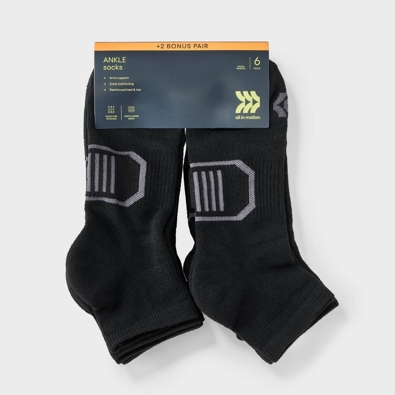 Men's Striped Cushioned Ankle Socks 8pk -All In Motion Black 6-12
