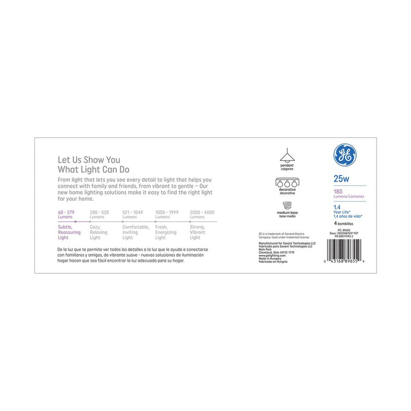 GE 25w 4pk G25 Incandescent Light Bulb White