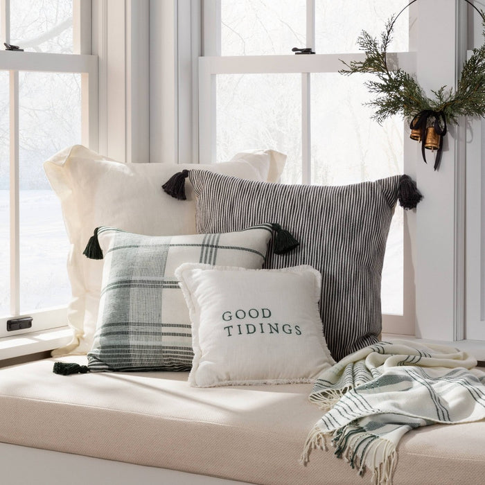 24"x24" Woven Slub Stripe Throw Pillow with Tassels Gray/White - Hearth & Hand with Magnolia
