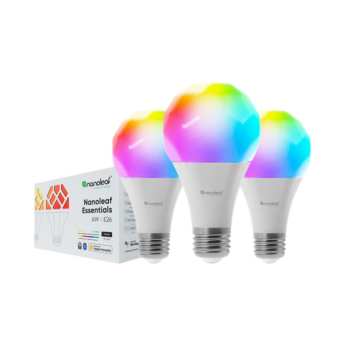 Nanoleaf Essentials Smart LED Color-Changing Light Bulb (60W) - RGB & Warm To Cool Whites, App & Voice Control (Works With Apple Home, Google Home, Samsung Smartthings) (Homekit A19 (3 Pack))
