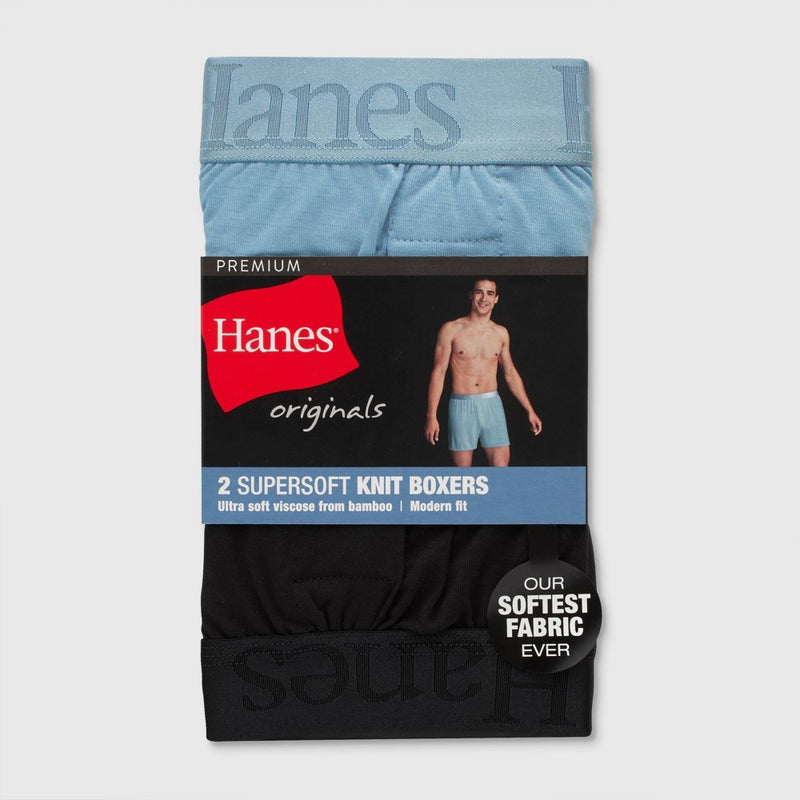 Hanes Originals Premium Men's SuperSoft Knit Boxer Shorts 2pk - Blue/Black M