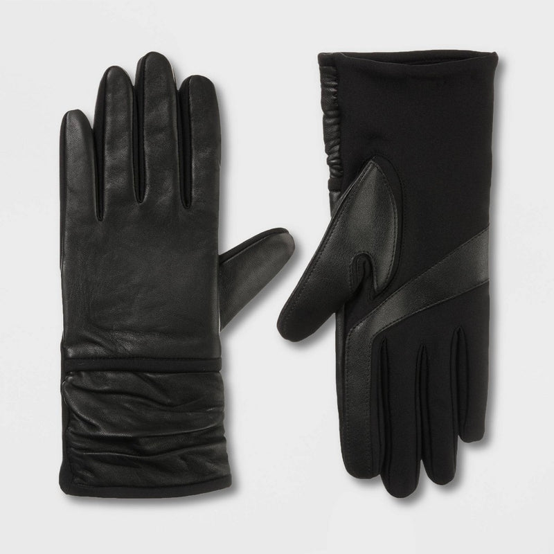 Isotoner Adult Faux Leather Gathered Wrist Gloves - Black L/XL