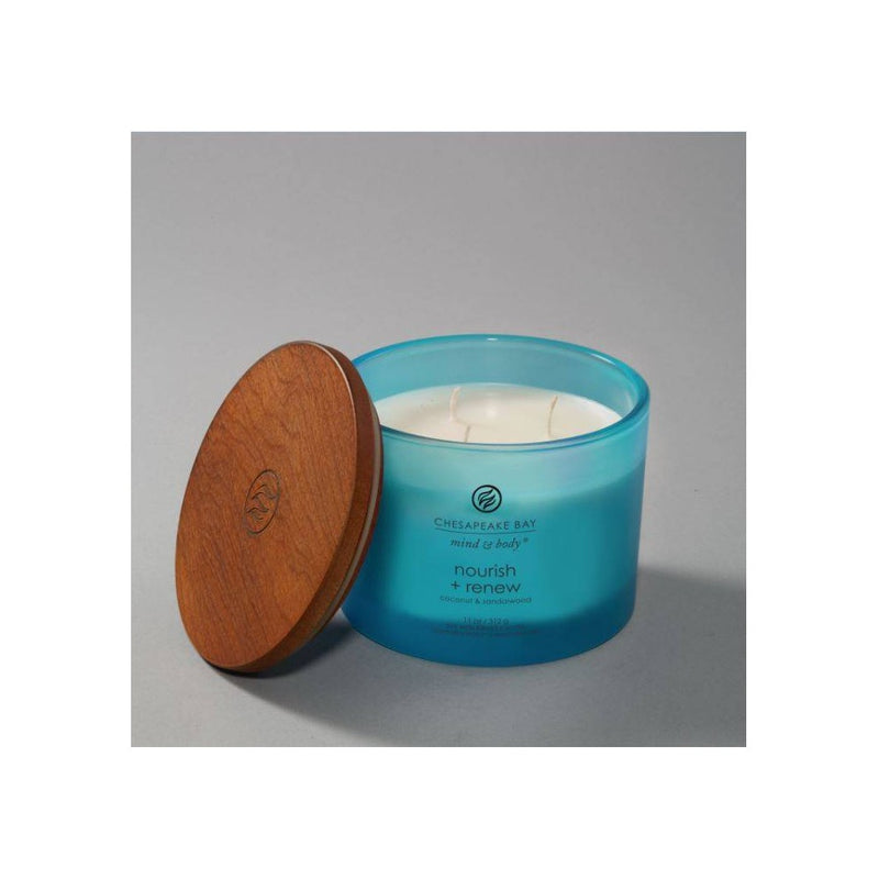 3-Wick Frosted Glass Nourish + Renew Lidded Jar Candle Light Blue 11oz - Mind & Body by Chesapeake Bay Candle