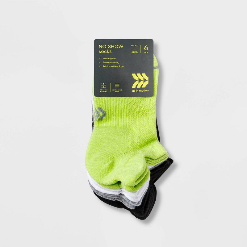 Women's Cushioned Geometric Mesh Patterned 6pk No Show Tab Athletic Socks - All in Motion Lime Green/ White/Black/Gray 4-10