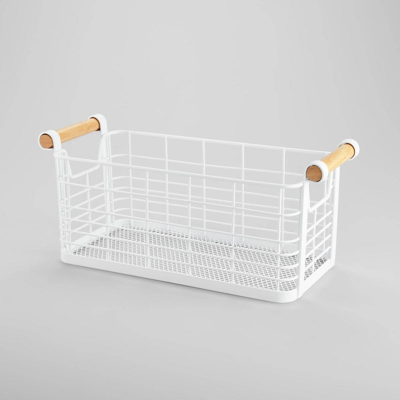 13.75" x 6" x 6" Small Rectangular Wire Natural Wood Handles Basket White - Brightroom