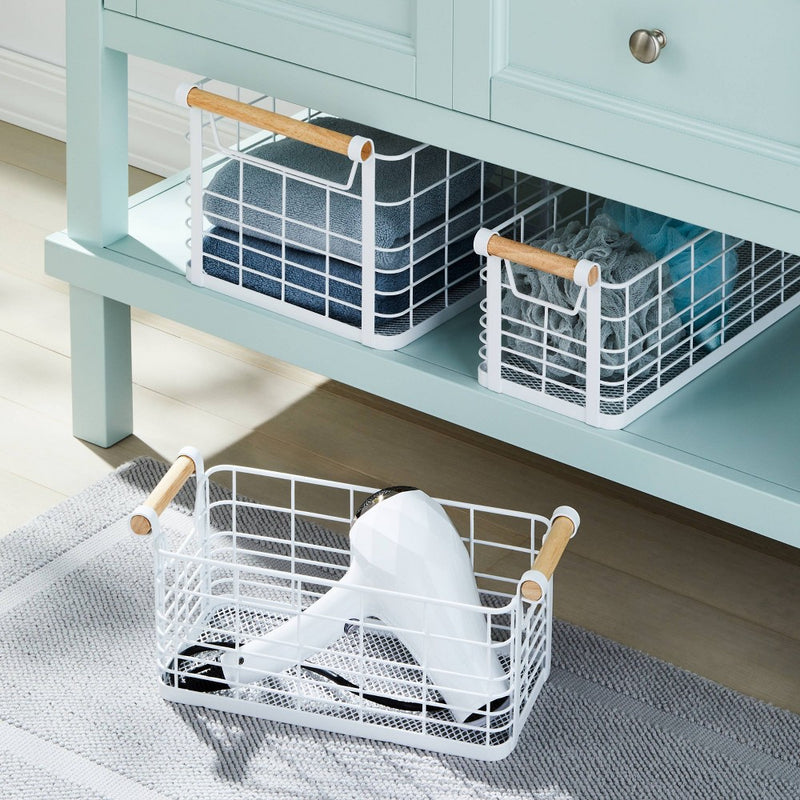 13.75" x 6" x 6" Small Rectangular Wire Natural Wood Handles Basket White - Brightroom