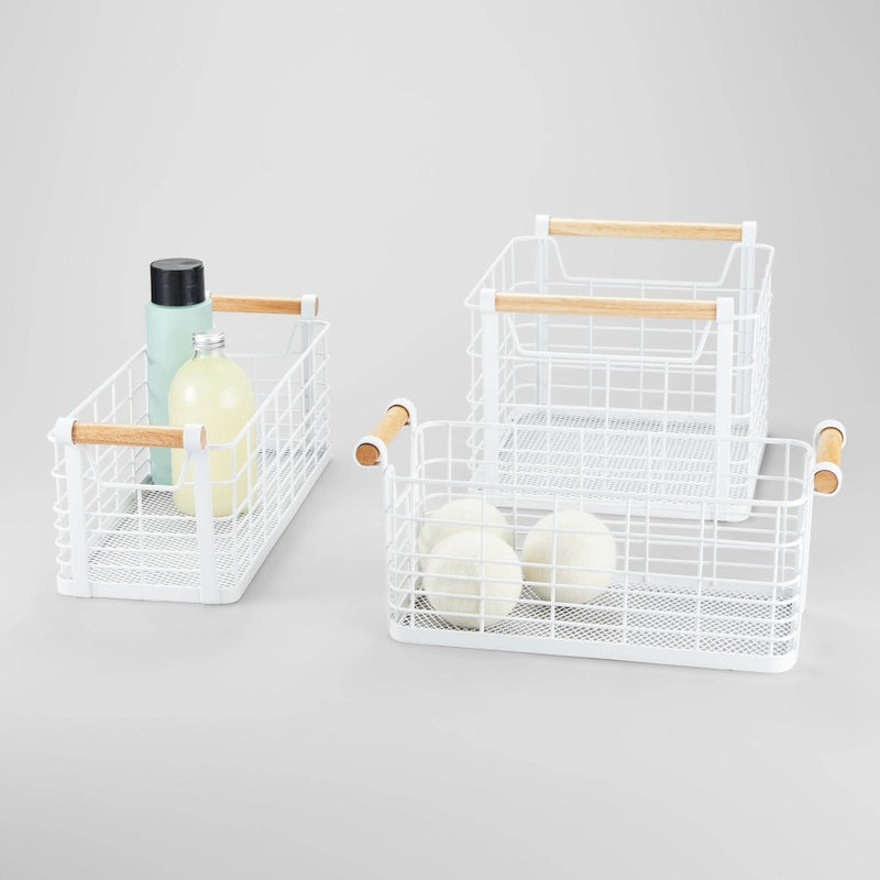 13.75" x 6" x 6" Small Rectangular Wire Natural Wood Handles Basket White - Brightroom
