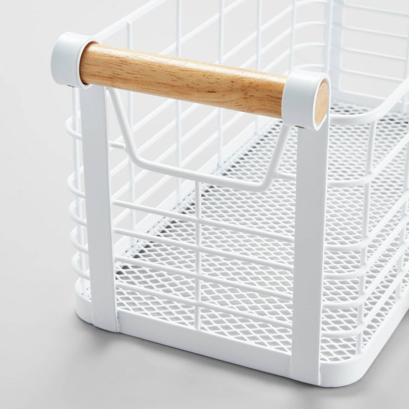 13.75" x 6" x 6" Small Rectangular Wire Natural Wood Handles Basket White - Brightroom