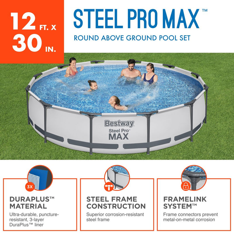 Bestway Steel Pro MAX 12 Foot by 30 Inch Round Above Ground Swimming Pool Set Outdoor Metal Frame Family Pool with Filter Pump, Gray (LOCAL PICKUP ONLY)
