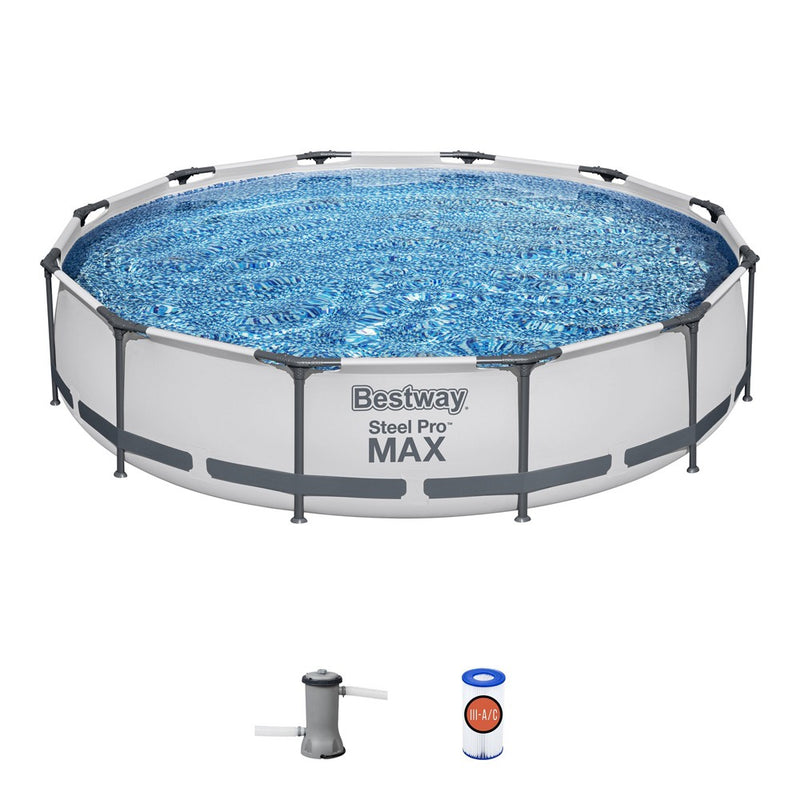 Bestway Steel Pro MAX 12 Foot by 30 Inch Round Above Ground Swimming Pool Set Outdoor Metal Frame Family Pool with Filter Pump, Gray (LOCAL PICKUP ONLY)