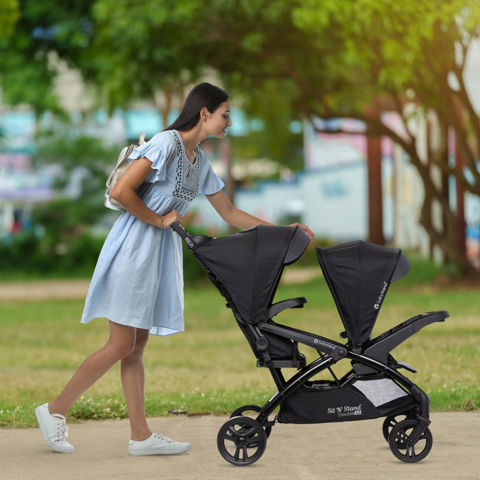 Baby Trend Sit N' Stand Double Stroller 2.0 DLX with 5 Point Safety Harness, Canopy, Extra Basket, 2 Cup Holders & Covered Compartment, Stormy (LOCAL PICKUP ONLY)