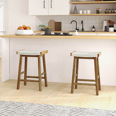 2PCS 25.5" Dining Saddle Stool Counter Height Seaweed Woven Seat Solid Wood (LOCAL PICKUP ONLY)