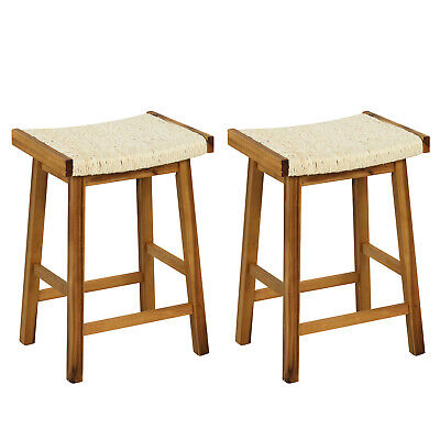 2PCS 25.5" Dining Saddle Stool Counter Height Seaweed Woven Seat Solid Wood (LOCAL PICKUP ONLY)