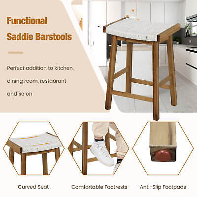 2PCS 25.5" Dining Saddle Stool Counter Height Seaweed Woven Seat Solid Wood (LOCAL PICKUP ONLY)