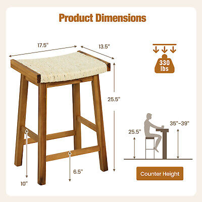 2PCS 25.5" Dining Saddle Stool Counter Height Seaweed Woven Seat Solid Wood (LOCAL PICKUP ONLY)