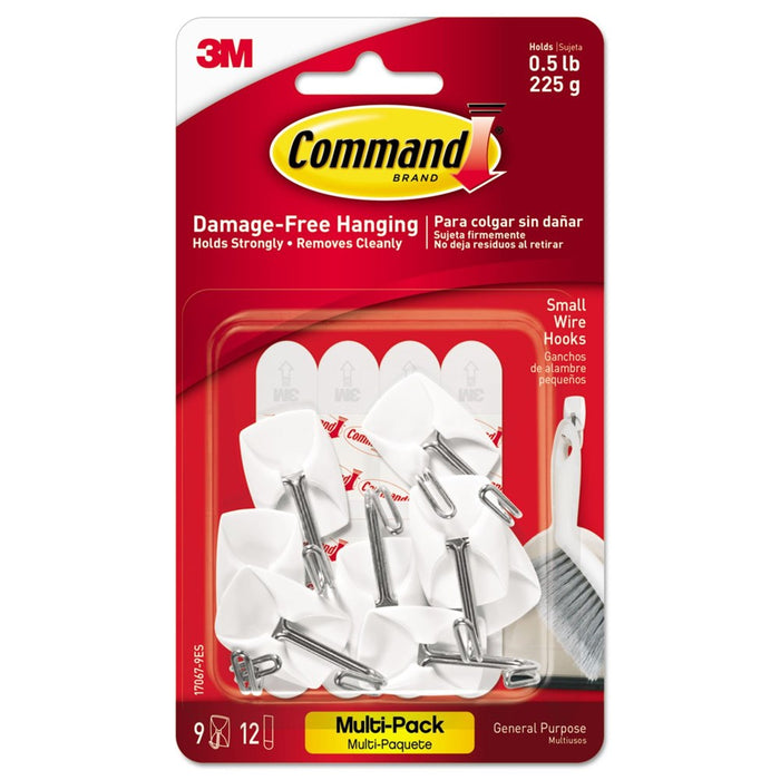 Command General Purpose Wire Hooks Multi-Pack, Small, Metal, White, 0.5 Lb Capacity, 9 Hooks And 12 Strips/Pack