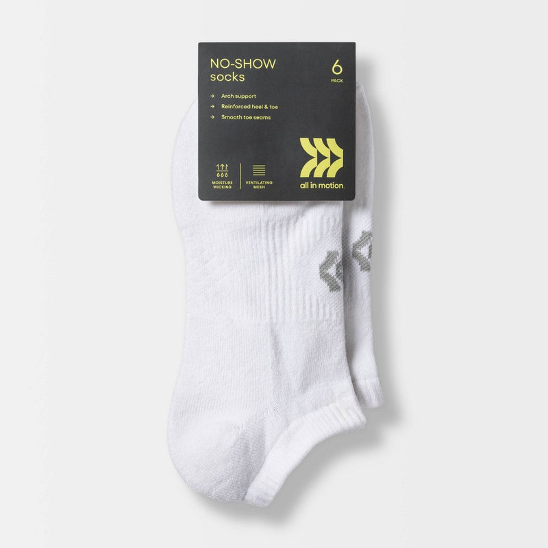 Women's Cushioned 6pk No Show Athletic Socks - All In Motion White 4-10