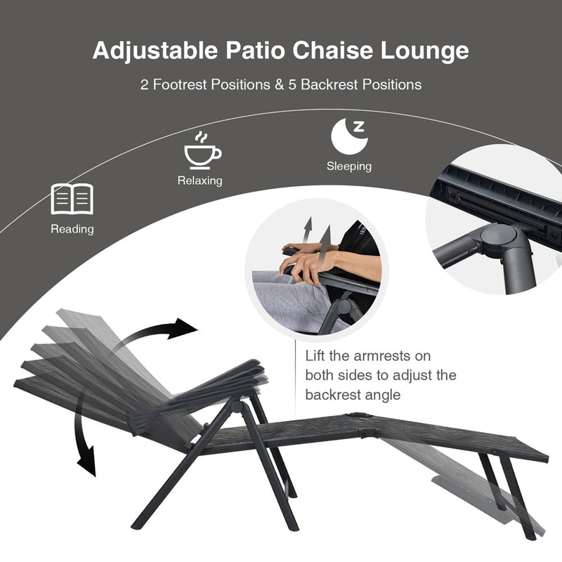 Costway Patio Folding Chaise Lounge Chair Outdoor Portable Reclining Lounger Beach Grey (LOCAL PICKUP ONLY)
