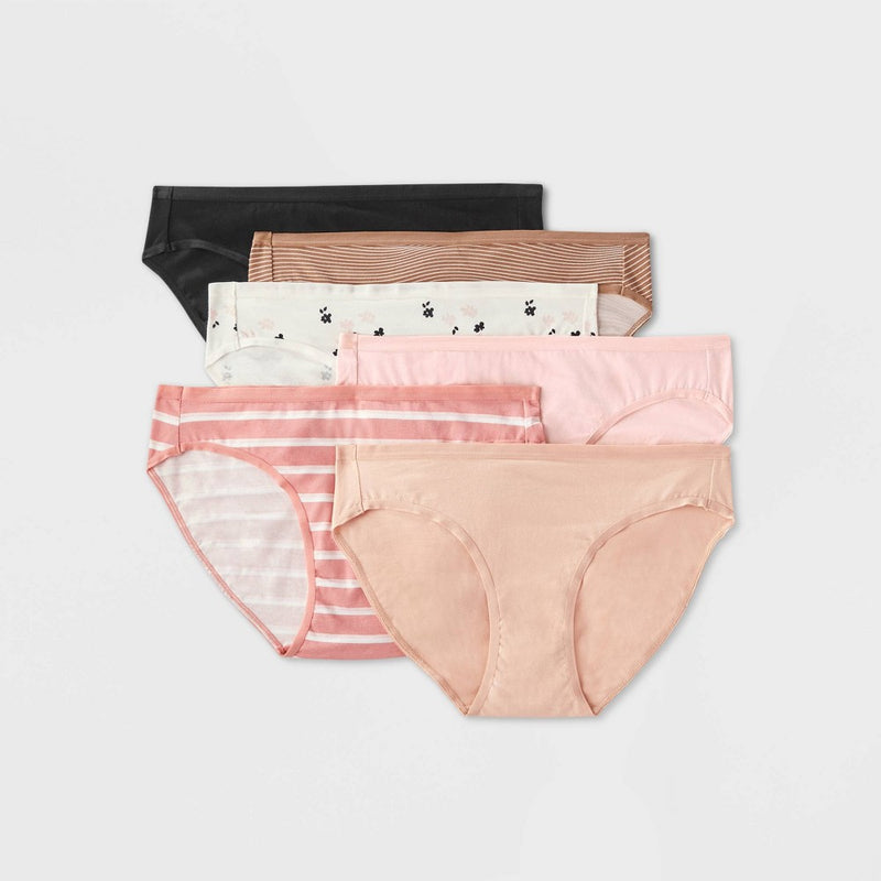 Women's 6pc Bikini Underwear - Auden Pink/Brown/White L