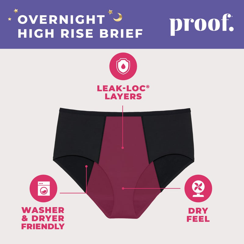 Proof. by Always Women's High-Rise Briefs, Overnight Absorbency Period Underwear -Large - Black