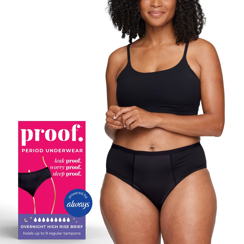 Proof. by Always Women's High-Rise Briefs, Overnight Absorbency Period Underwear -Large - Black