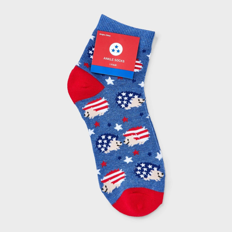 Women's Patriotic Hedgehogs Ankle Socks - Denim Heather/Red 4-10