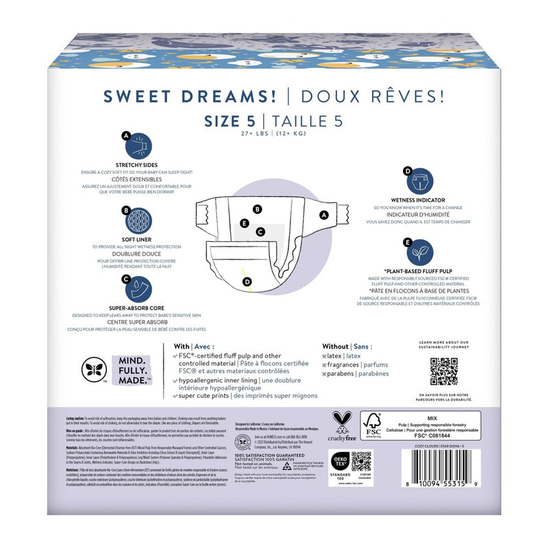 The Honest Company Clean Conscious Disposable Overnight Diapers Cozy Cloud + Star Signs - Size 5 - 40ct