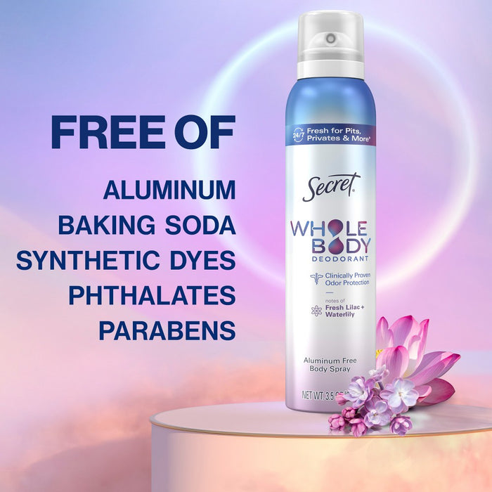 Secret Whole Body Aluminum Free Deodorant Spray - Lilac & Waterlily - 3.5oz