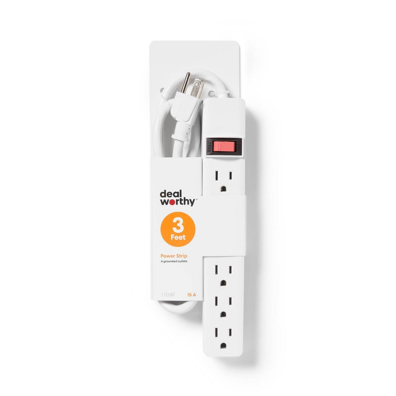 3' 6 Outlet Indoor Power Strip White - Dealworthy