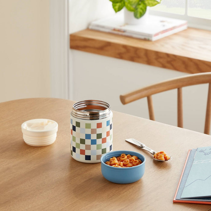 Kids' 10oz Checkered Double Wall Vacuum Stainless Steel Food Jar Blue with Stainless Steel Spoon - Pillowfort
