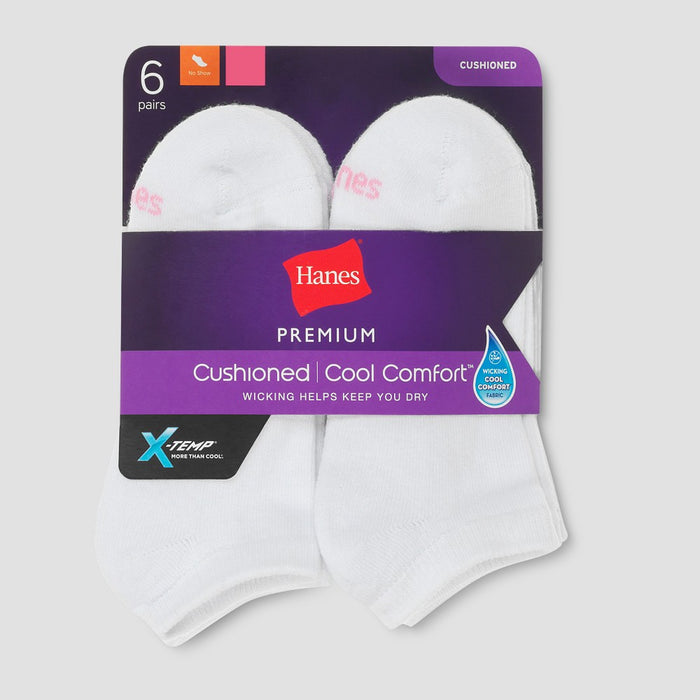 Hanes Premium Women's 6pk Cushioned No Show Socks - White 5-9