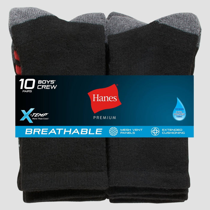 Hanes Boys' 10pk Premium Crew Athletic Socks - Black M