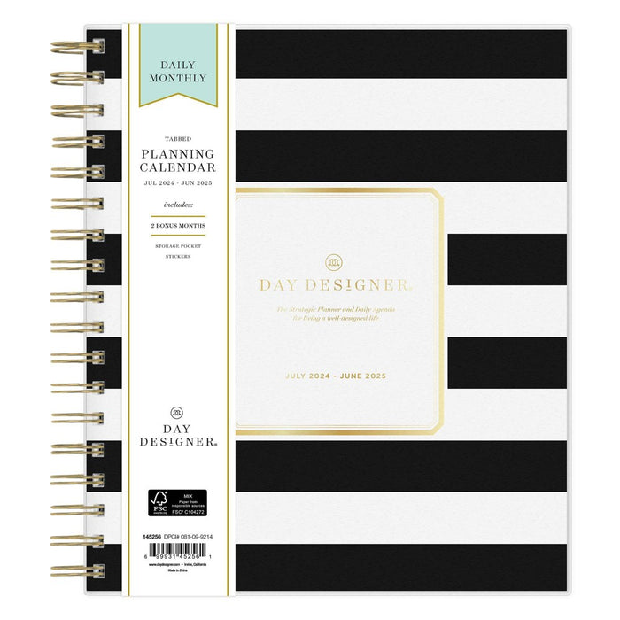 Day Designer 2024-25 Daily/Monthly Planner 10"x8" Wirebound Frosted Rugby Stripe Black