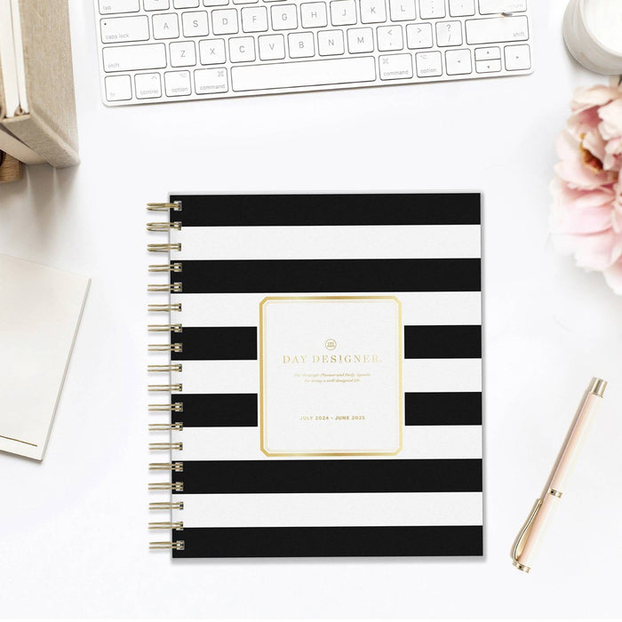 Day Designer 2024-25 Daily/Monthly Planner 10"x8" Wirebound Frosted Rugby Stripe Black