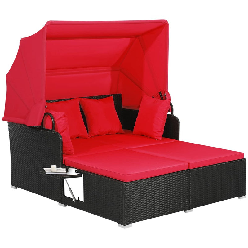 Tangkula Patio Rattan Daybed, Patiojoy Wicker Daybed Lounger W/Retractable Canopy, 2 Foldable Side Panels, Thick Seat & Back Cushions, Double Conversation Bed For Garden, Backyard, Porc (Red) (LOCAL PICKUP ONLY)