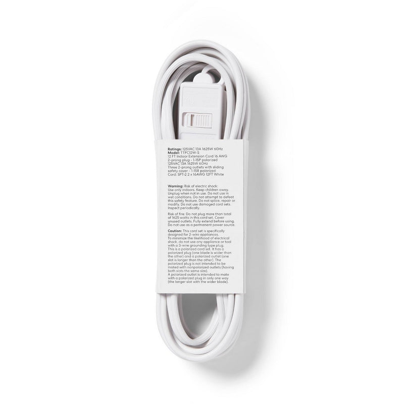 12' 3 Outlet Indoor Extension Cord White - Dealworthy