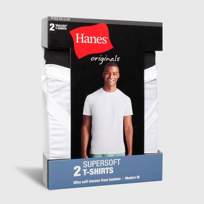 Hanes Originals Premium Men's SuperSoft Short Sleeve Crewneck Undershirt 2pk - White/Black S