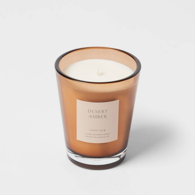 12oz Colored Vase Glass with Dustcover Desert Amber Candle Brown - Threshold: Soothing Scent, Palm Wax, 52hr Burn Time