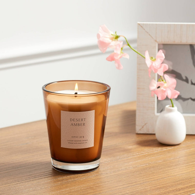12oz Colored Vase Glass with Dustcover Desert Amber Candle Brown - Threshold: Soothing Scent, Palm Wax, 52hr Burn Time