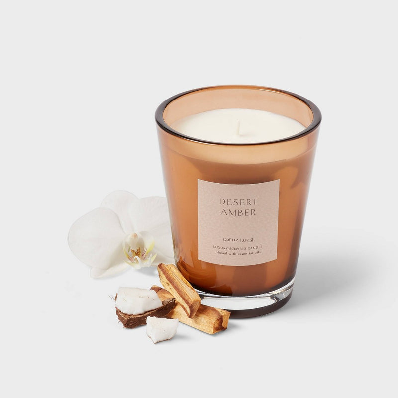 12oz Colored Vase Glass with Dustcover Desert Amber Candle Brown - Threshold: Soothing Scent, Palm Wax, 52hr Burn Time