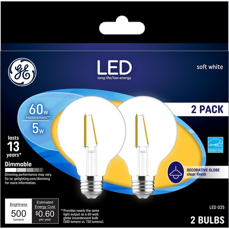 GE 2pk 60W G25 LED Globe Light Bulbs Soft White