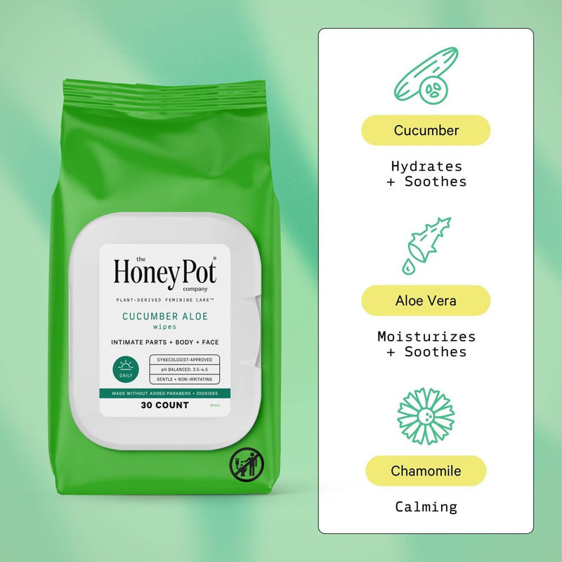 The Honey Pot Company, Cucumber Aloe Feminine Cleansing Wipes, Intimate Parts, Body or Face - 30ct