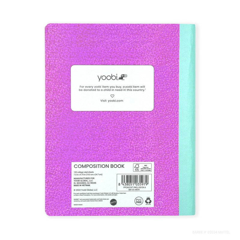 Yoobi Composition Book 7.5"x9.75" College Ruled with Pen Barbie B Logo