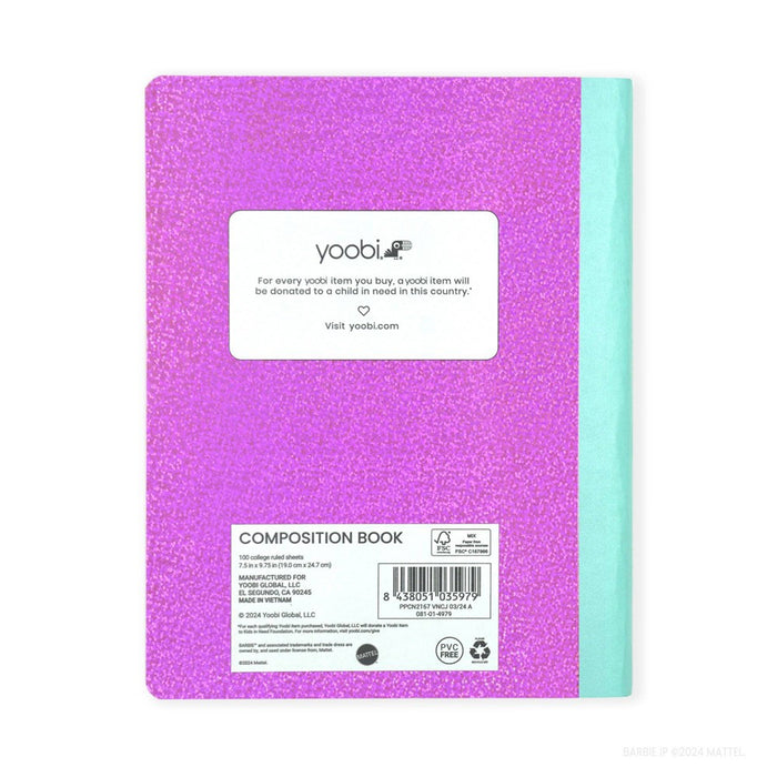 Yoobi Composition Book 7.5"x9.75" College Ruled with Pen Barbie B Logo